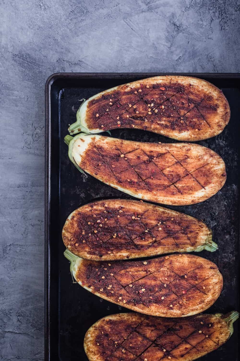 Roasted Miso Eggplant with Wilted Kale Salad and Freekeh