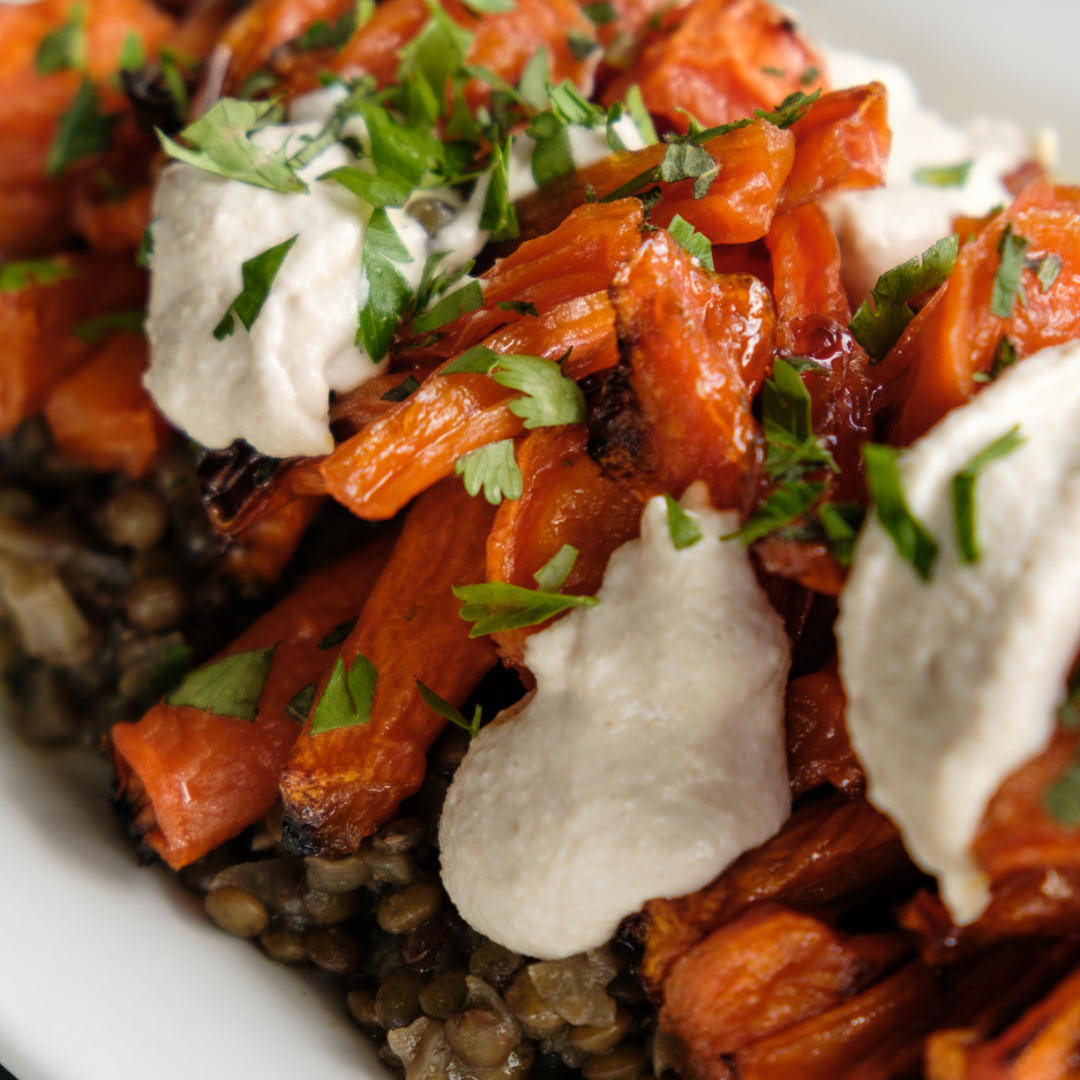 Moroccan Roasted Carrot and Lentil Salad with Cashew Cream